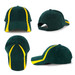 A green cap with yellow accents, featuring a curved brim and adjustable strap at the back. It has a logo.