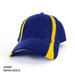 A cap featuring royal blue fabric with gold stripes, designed with a logo on the front.