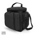 A black cooler bag with multiple zippered compartments and a side mesh pocket. It has a sturdy handle and shoulder strap.
