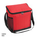 A red cooler bag with a zippered top, black trim, and side mesh pocket, featuring a shoulder strap and a logo.