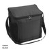 A black cooler bag with a zippered top, featuring a shoulder strap and mesh side pocket. It has a logo on the front.