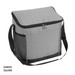 A grey cooler bag with a zippered top, featuring a black trim and mesh side pockets, and an adjustable strap.