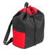 A black and red drawstring kitbag with a zippered pocket and an adjustable shoulder strap. It has a logo.
