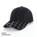 A black cap with a black and grey checkered brim, featuring a logo on the front.