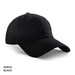 A black unstructured cap with a curved brim, featuring a logo on the front and a plain design.