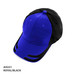 A royal blue and black cap with a mesh knit design and a logo.