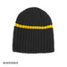 Acrylic cable knit beanie in black with a gold stripe, featuring a logo.