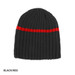 Acrylic cable knit beanie in black with a red stripe, featuring a logo on the side.