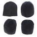 A black ribbed beanie featuring a logo, displayed from multiple angles. Made from 100% cotton.