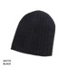 A black, ribbed beanie made from 100% cotton, featuring a logo.