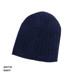 A navy 100% cotton beanie with a ribbed texture, featuring a small logo.