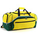 A yellow and green duffle bag with multiple zipped compartments and a carrying handle, featuring a logo.