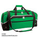 A green duffle bag with white and black accents, featuring dual zippers and multiple handles. Includes a logo.