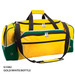 A duffle bag in gold and white with green accents, featuring multiple zippered pockets and a shoulder strap.