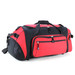 A red and black duffle bag with multiple zippered compartments and a side mesh pocket, featuring a logo.