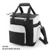 A cooler bag in black and grey with a zippered top, carrying handles, and a detachable shoulder strap. It has a side pocket and a logo.