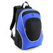 A blue and black backpack with a front zip pocket and mesh side pockets. Features a logo on the front.
