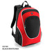 A black, white, and red backpack featuring a front pocket and mesh side pockets. It includes a logo.