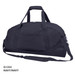 A navy duffle bag with dual handles and a shoulder strap, featuring a logo and a spacious main compartment.