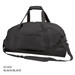 A black duffle bag with a handle and shoulder strap, featuring one logo and a sleek design.