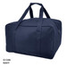 A navy duffle bag with sturdy handles and a zippered pocket, featuring branding on the side.
