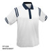 A white polo shirt with navy accents and stripes, featuring a collar and buttons. It has a logo.