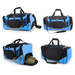 A blue and black duffle bag with multiple compartments and a logo. Features a shoe compartment at one end.