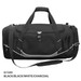 A black duffle bag with a front pocket, side mesh pockets, and an adjustable strap. It features a logo.