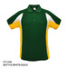 A green, white, and gold polo shirt featuring a logo on the chest. It has a classic collar and short sleeves.