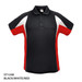 A black polo shirt with white and red accents and a logo on the chest.
