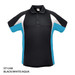 A black polo shirt with white and aqua accents, featuring a collar and a logo.