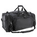 A black wheeled bag with multiple compartments and adjustable straps, featuring a logo.