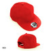 A red cap with a flat brim and an adjustable strap at the back, featuring a logo.