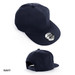 A navy cap with a flat brim and a logo on the front. The back features an adjustable strap.