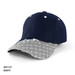 A navy cap with a patterned grey brim and a logo. Ideal for casual wear.