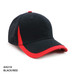A black and red cap featuring a mesh back and a curved brim. It has a logo on the front.