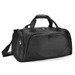 A black duffle bag with dual handles, a shoulder strap, and a front pocket. It features a subtle logo.
