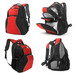 A black and red backpack featuring multiple compartments and a logo, showcasing various angles and details.