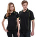 A black polo shirt featuring green accents, displayed on a female and a male model, with a logo present.