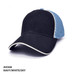 A navy and white cap with a sky blue mesh back, featuring a logo on the front.