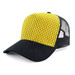 A trucker cap in yellow with a patterned front and black mesh sides. It features a curved brim and a logo.