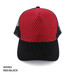 A red and black trucker cap featuring a textured design and a mesh back, complete with a logo.