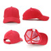 A red mesh cap displayed from multiple angles, featuring a logo on the front and an adjustable back strap.