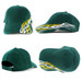 A green cap featuring flame designs in yellow and white. The cap has a logo and a classic curved brim.