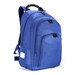 A blue backpack featuring multiple zippered compartments and a handle, with a logo on the side.
