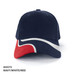 A navy, white, and red cap with a curved design and a logo on the front.