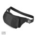 A black waist bag with a front zippered compartment and adjustable strap, featuring a small logo.