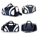 A navy and white duffle bag with multiple compartments and handles, featuring a logo.