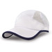 A white cap with a navy peak and mesh panels, featuring a logo on the side.