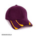 A maroon cap with gold accents and a logo on the front. It features a structured design and curved peak.